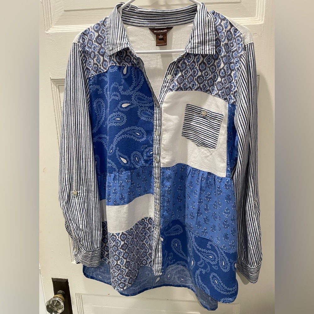 Vintage Patchwork Button-Up Shirt, boho, size Large